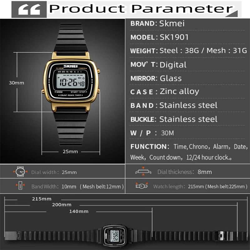 Women Digital Sport Watch Waterproof Stainless Steel Band Casual Luxury Wristwatch