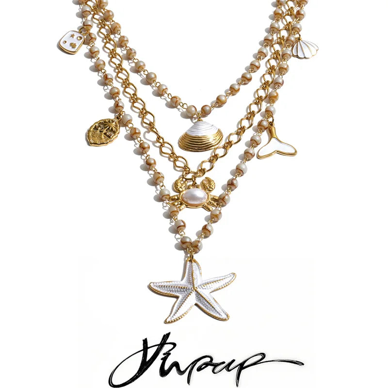 Ocean Series Glass Beads Chain Layered Necklace with Shell Starfish Drop Charm Summer Jewelry