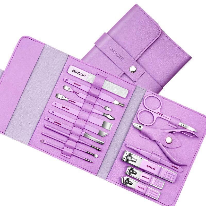 Stainless Steel Manicure & Pedicure Set 12/16 Pcs with Leather Portable Case - Gift Idea