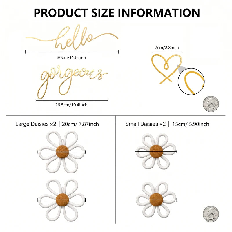 Wall Decor Set with Metal Wire Words, Heart Ornament & Woven Daisies - Boho Wall Art for Nursery & Living Room