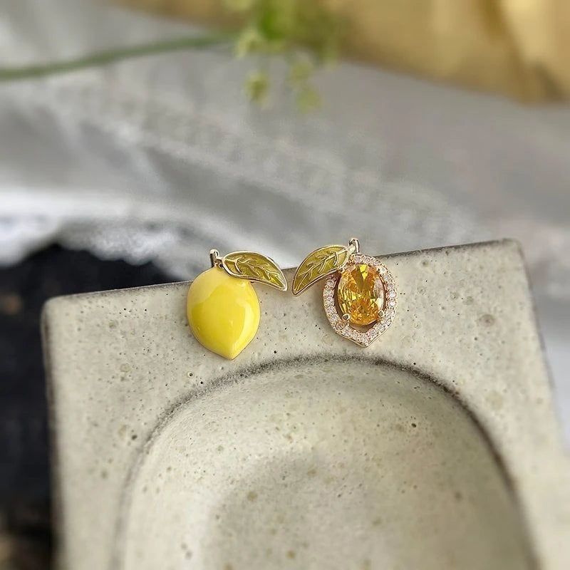 Summer Fruit Zircon Stud Earrings for Women - Cute Lemon Design Party Jewelry