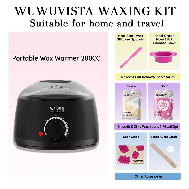 Hair Removal Waxing Kit with Warmer & Beads for Face & Body - UK Plug