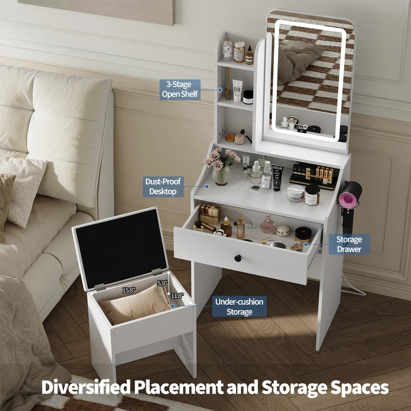Living Room Wood Cabinet with LED Mirror & Makeup Vanity Storage - Small Nightstand & Coffee Table