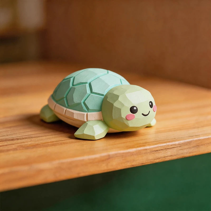 Hand Carved Wooden Turtle Figurine - Cute Green Tortoise Statue for Home Office Decor