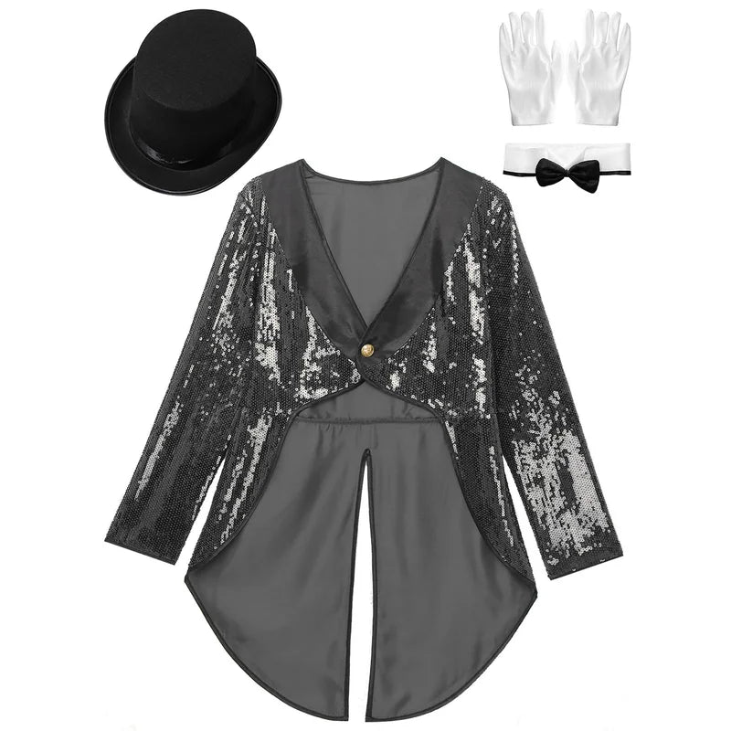 Women Magician Cosplay Costume Sequin Tailcoat with Hat Gloves for Halloween and Stage Performance