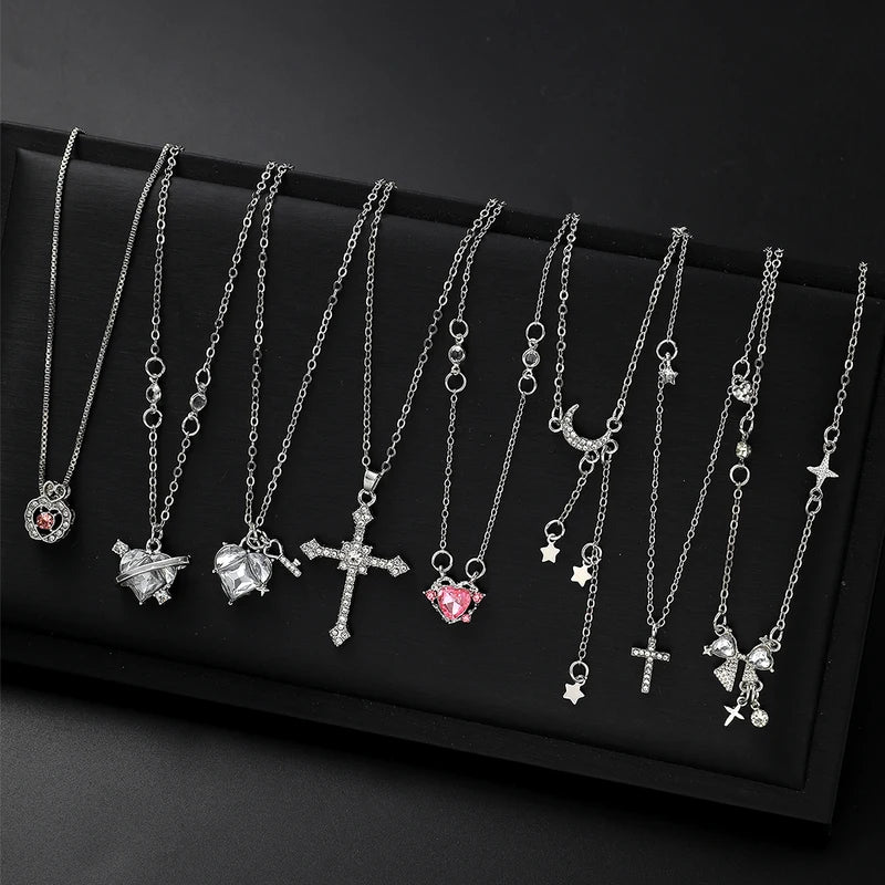 8pcs Y2K Heart Bow Cross Necklace Set for Women - Shiny Clavicle Chain Jewelry