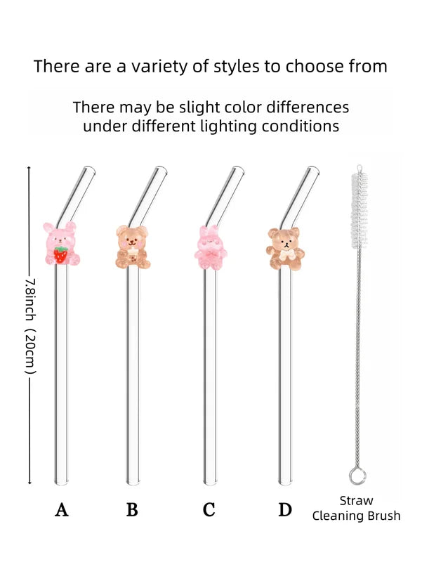 Cartoon Rabbit & Bear Glass Drinking Straws, Reusable Bendable Drinkware for Smoothies & Cocktails
