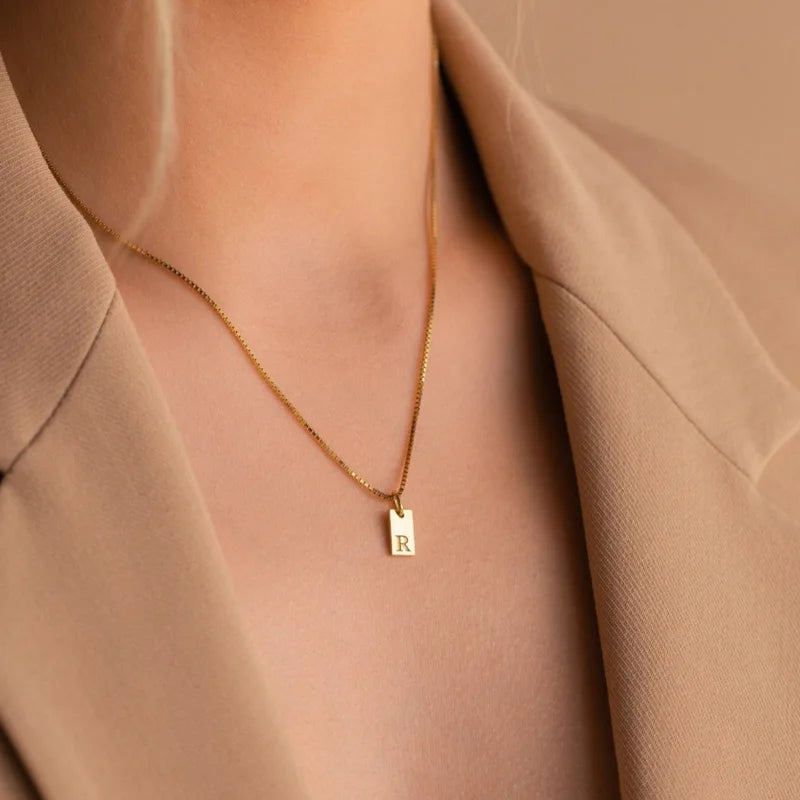 Tiny Square Initial Letter Necklace Gold Plated Stainless Steel Engraved Jewelry