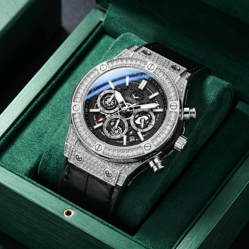 ONOLA Men's Skeleton Diamond Bezel Chronograph Watch with Red Leather Strap Waterproof