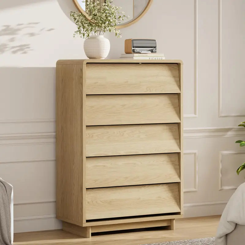 Modern 5-Drawer Wood Dresser with Handle-Free Curved Edges - Bedroom & Living Room Storage