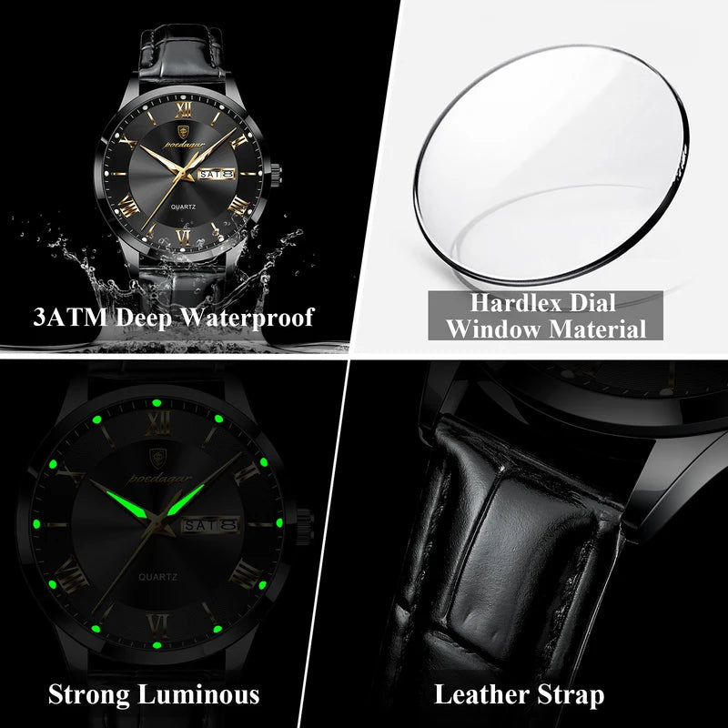 Men's Leather Business Wristwatch with Date and Luminous Quartz Movement