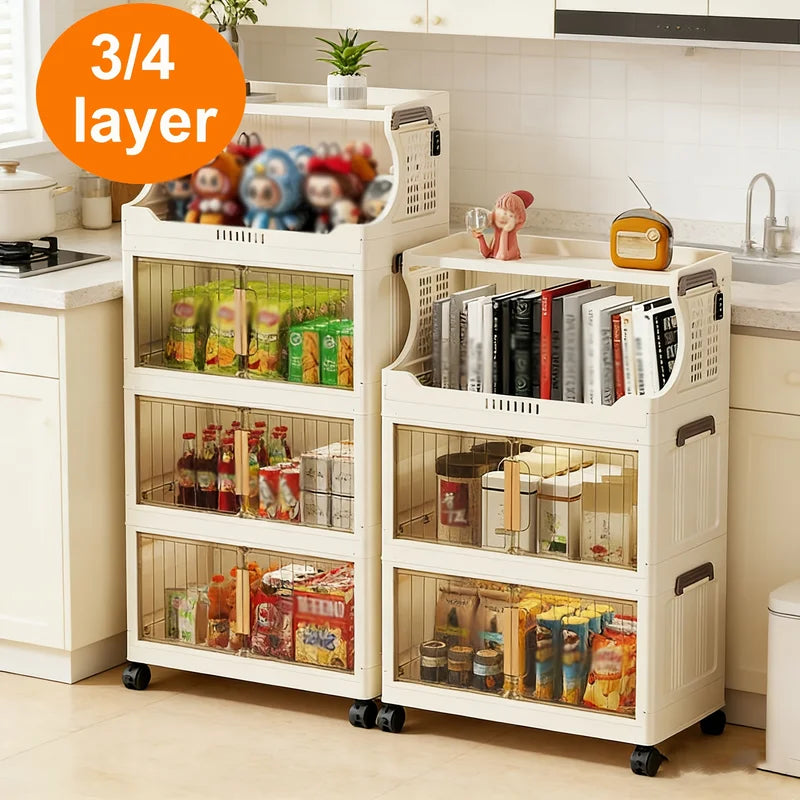 3/4-Tier Rolling Storage Cabinet with Transparent Doors & Flip Top - Kitchen Pantry Organizer