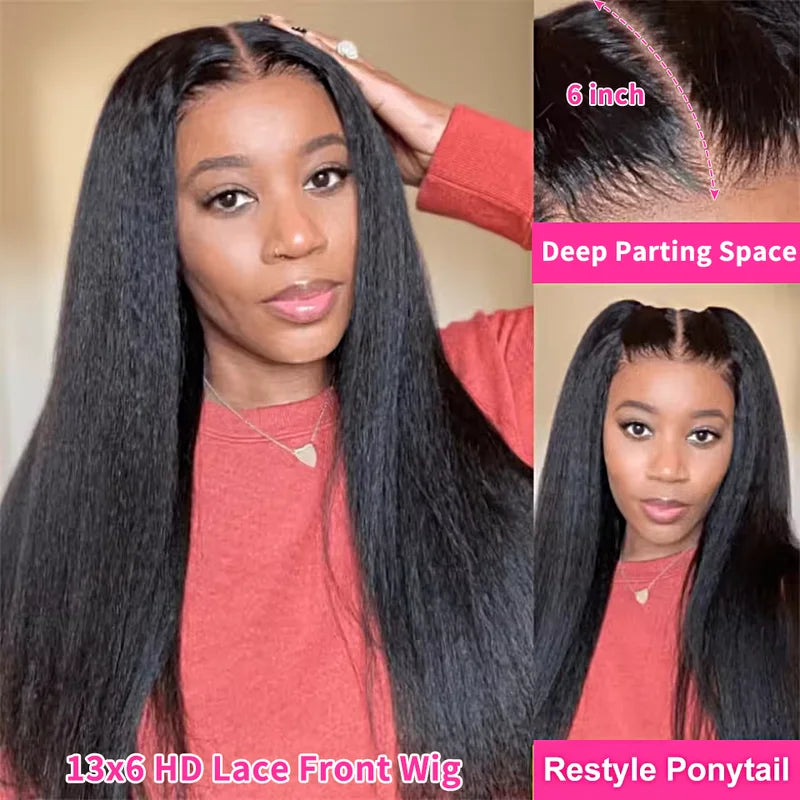 Glueless Lace Front Human Hair Wigs - Kinky Straight HD & Transparent Lace Closure