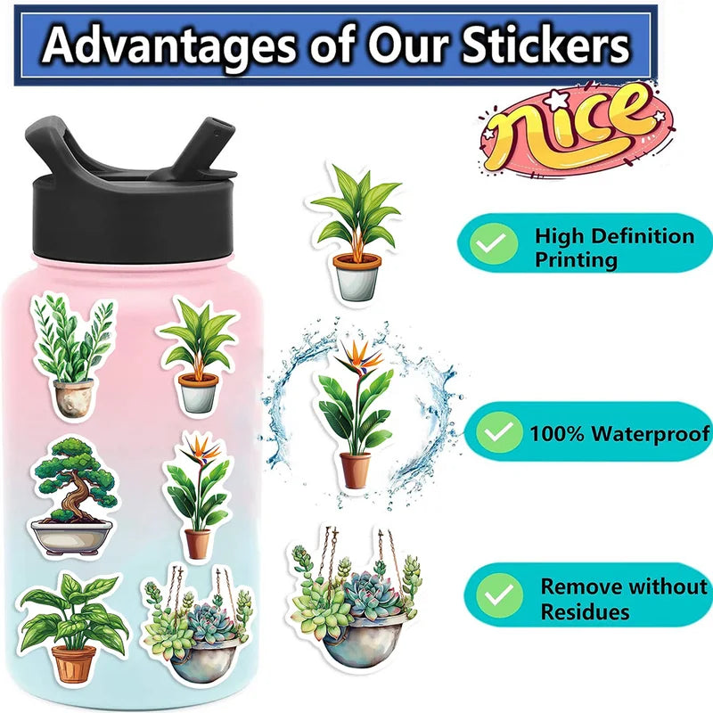 50PCS Cute Green Plant Sticker Set for Kids DIY Decoration, Notebook, Fridge, Phone, Suitcase