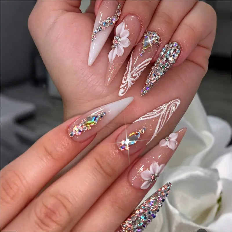24Pcs Long Stiletto Fake Nails with Rhinestones & Gradient Finish — Full Cover French Style Press On Nails