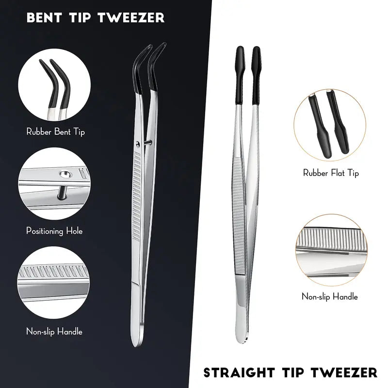 Precision Tweezers with Rubber Coated Tips - Flat & Bent Tip Non-Marring