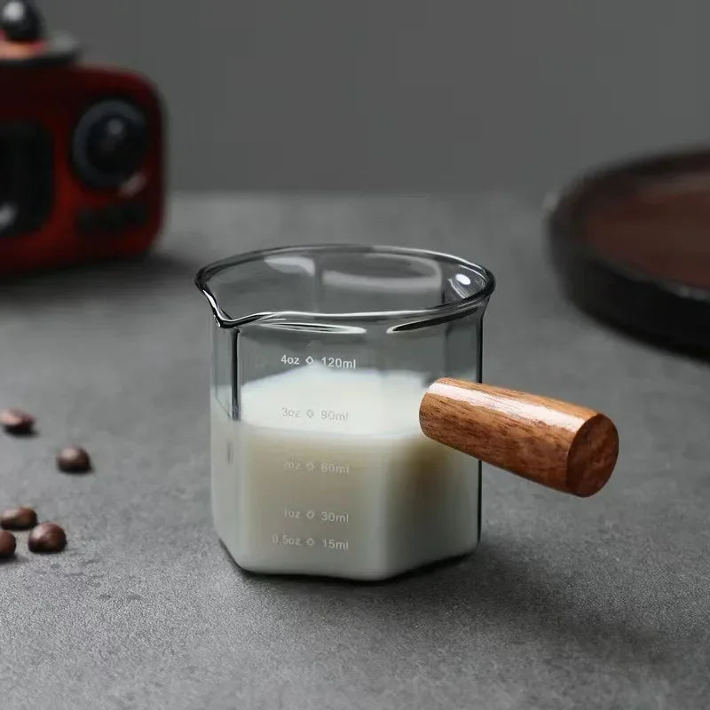 120ml Glass Espresso Measuring Cup with Scale & Wooden Handle - Coffee & Latte Tool