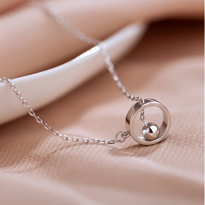 Silver Geometric Beads Circle Pendant Necklace for Women - Tassel Chain Choker Jewelry