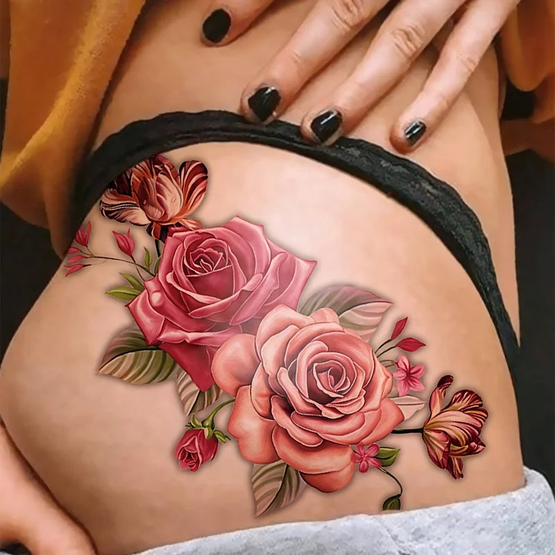 Big Size Romantic Rose Flower Temporary Tattoo Stickers for Women & Girls