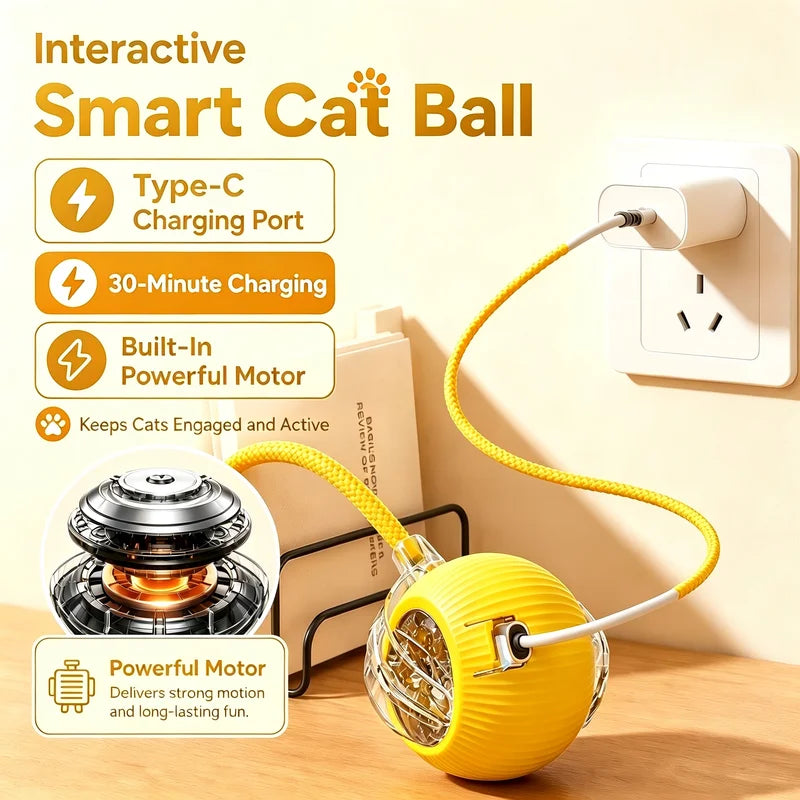 Interactive Cat Toy Ball with Obstacle Avoidance & Adjustable Speed - Rechargeable Electric Self-Rolling Ball with Elastic Rope