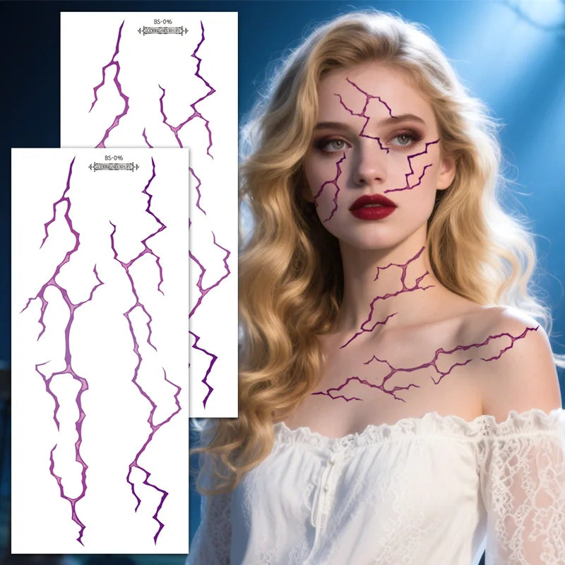 Large Fake Tattoo Stickers - Black & Red Lightning Vein Design for Halloween Face & Body Art