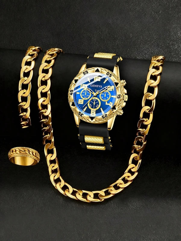 Casual Men's Quartz Watch & Chain Ring Set - Stylish Daily Accessory Combo