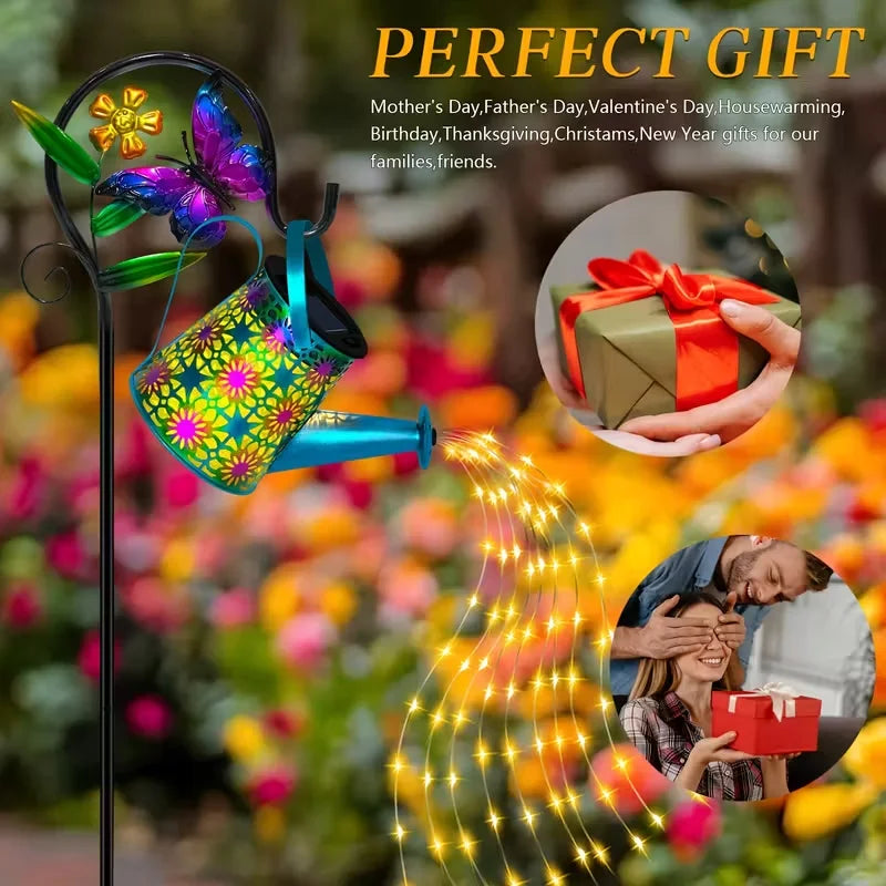 Solar-Powered Butterfly Watering Can Garden Decor with Lantern - Outdoor Lawn Accent