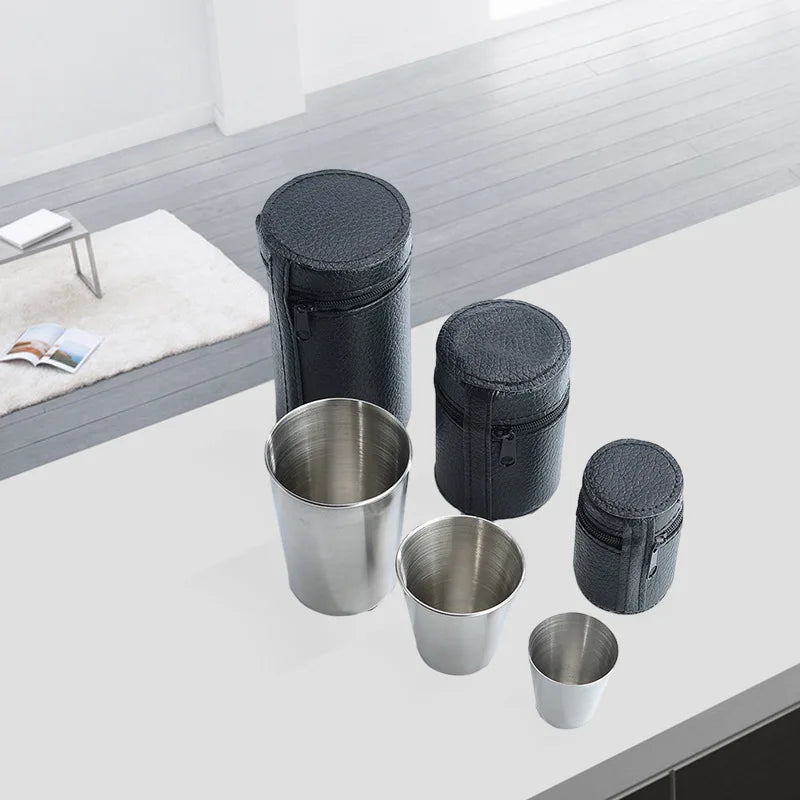 4Pcs Portable Stainless Steel Drinkware Set - Mini Cups for Whisky Wine with Case