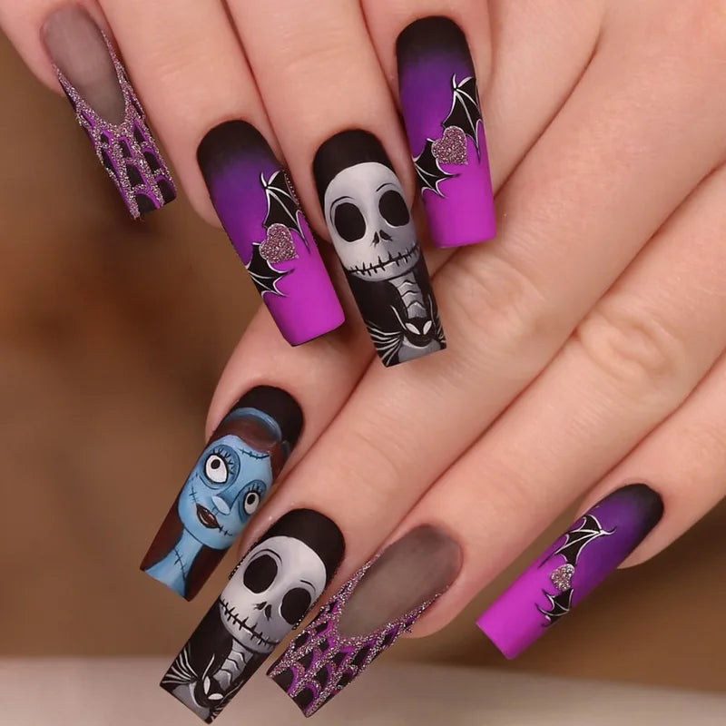 Halloween Long Press-On Nail Tips - Zombie Bride Ghost Pumpkin Print Reusable Fake Nails