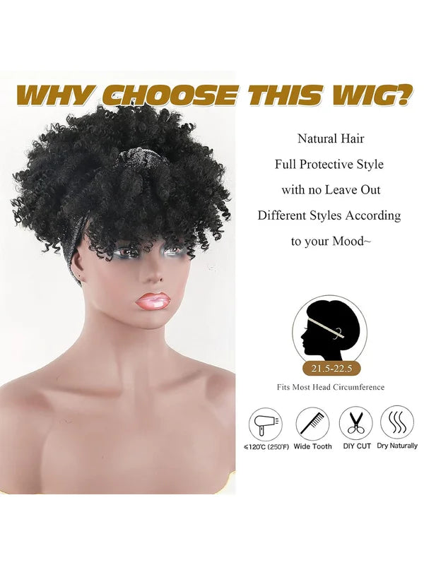 Black Women's Curly Hair Wig with Headscarf and Tassel - Short Synthetic African Style