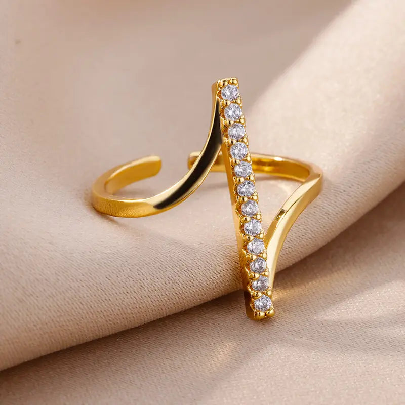 Geometric Zircon Rings for Women Gold Stainless Steel Wedding Party Jewelry Gift