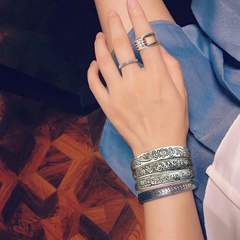 Vintage Tibetan Silver Cuff Bracelets with Carved Fish Elephant and Flower Designs - Gypsy Jewelry for Women