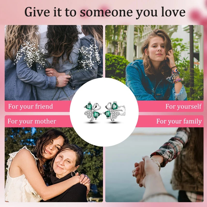 Sterling Silver Four Clover Stud Earrings with Lily of the Valley Flower for Women