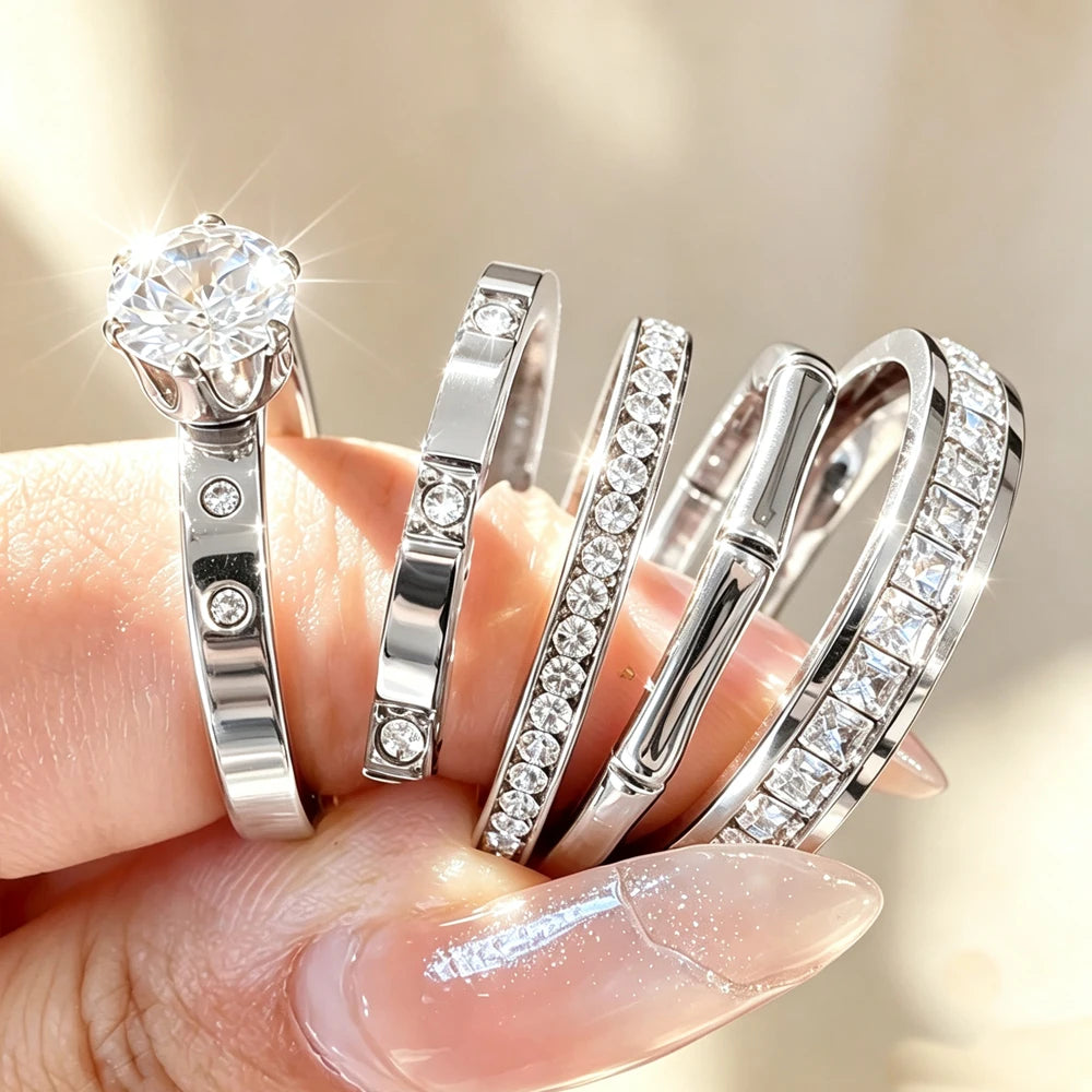 Stackable Zircon Ring Set for Women - Stainless Steel Jewelry Gifts