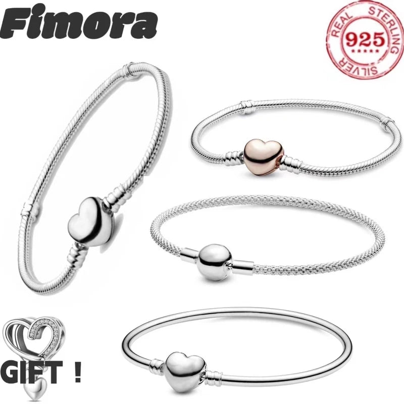 Silver Heart-Shaped Charm Snake Bone Bracelet for Women Jewelry Gift