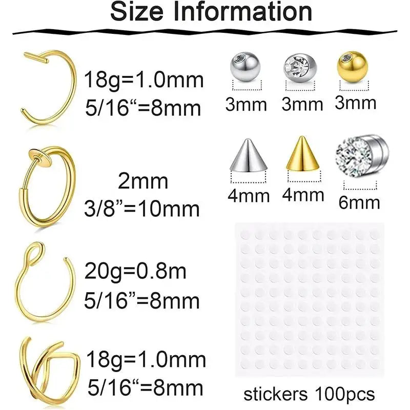 Fake Piercings Set - Lip, Nose, Eyebrow Hoop and Snake Bites Jewelry