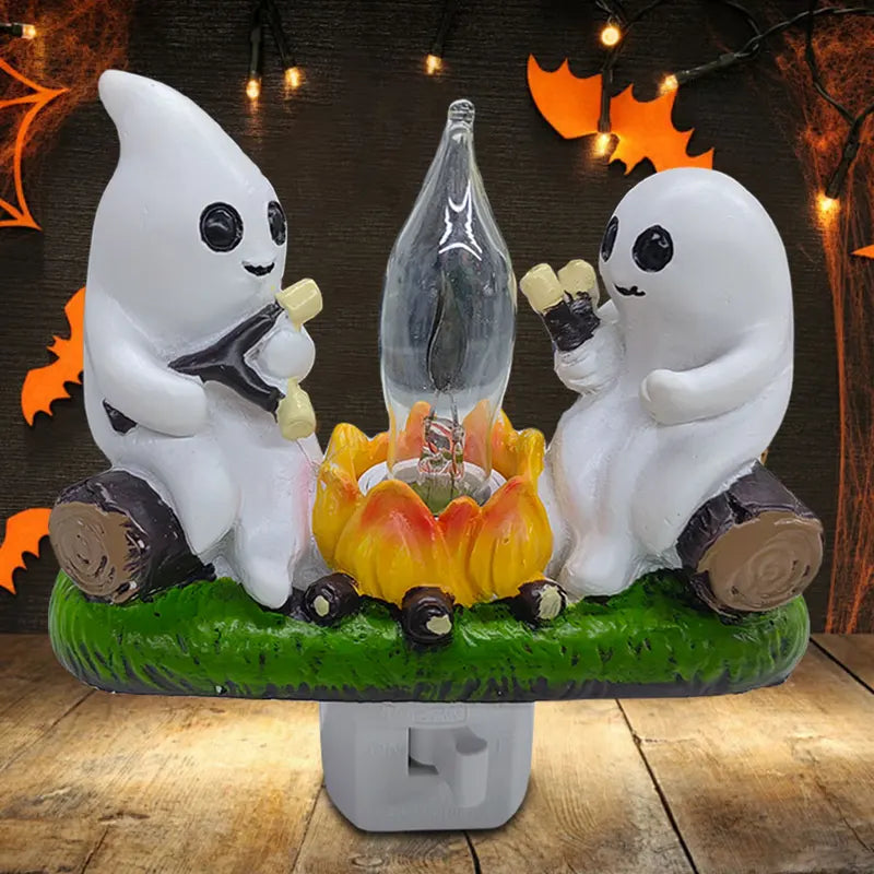Ghost Campfire Nightlight with Flickering Flame & Whimsical Ghost Decor — Halloween Gift