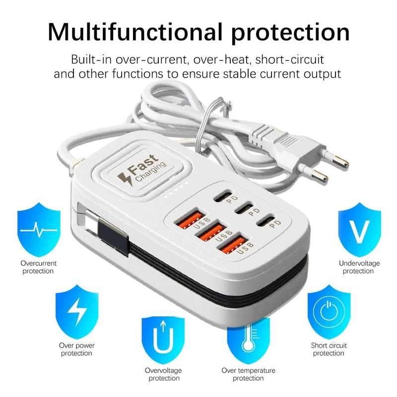 6 Port USB Fast Charger Power Strip with EU UK US Plugs for Phone Tablet Desktop Station