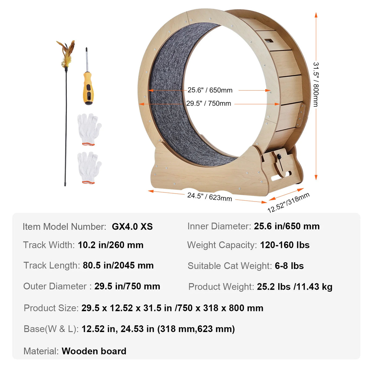 Large Wooden Cat Exercise Wheel with Detachable Carpet & Teaser - Quiet Indoor Treadmill for Cats