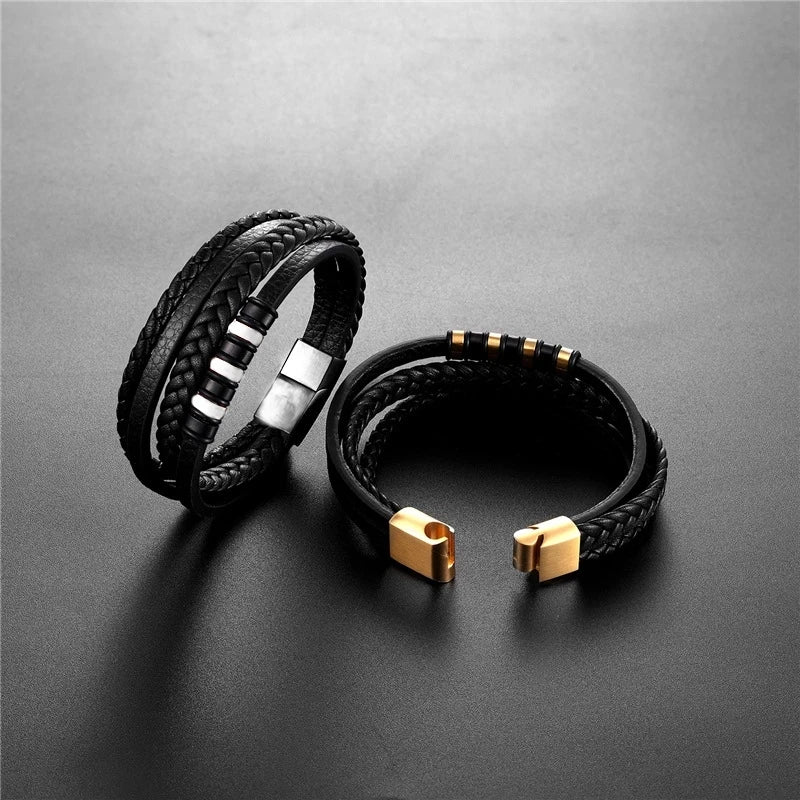 Multi-Layer Leather Bracelet with Magnetic Clasp Men’s Fashion Wrist Jewelry Casual Business Accessory