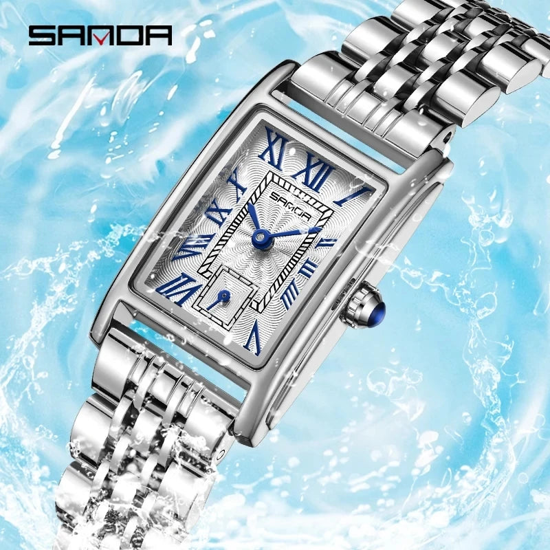 Women’s Elegant Rectangle Dial Quartz Wristwatch Waterproof Steel Leather Band