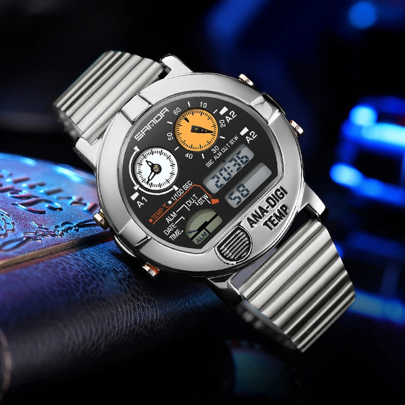Digital Men’s Watch with Steel Band, Temperature & Stopwatch Functions