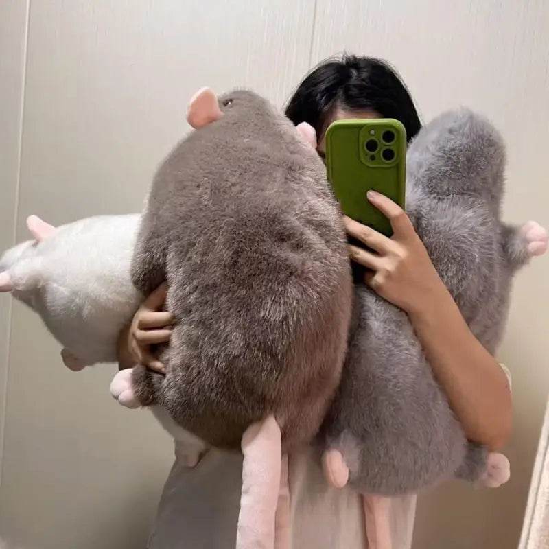 Cute Plush Rat Doll with Flower Branch - Oversized Animal Toy for Kids & Adults