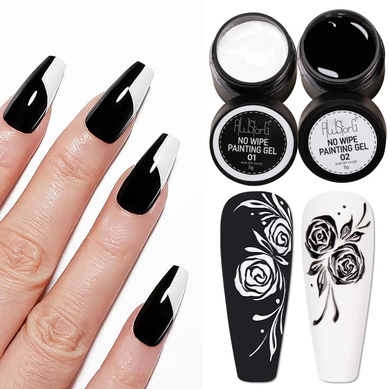 No Wipe Nail Painting Gel Set - White & Black UV LED Long Lasting 5g