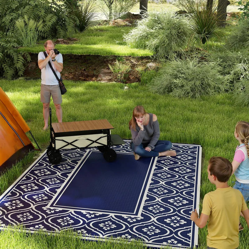 Outdoor Rug 9x12 ft Blue White Gourd Border Reversible Patio Mat