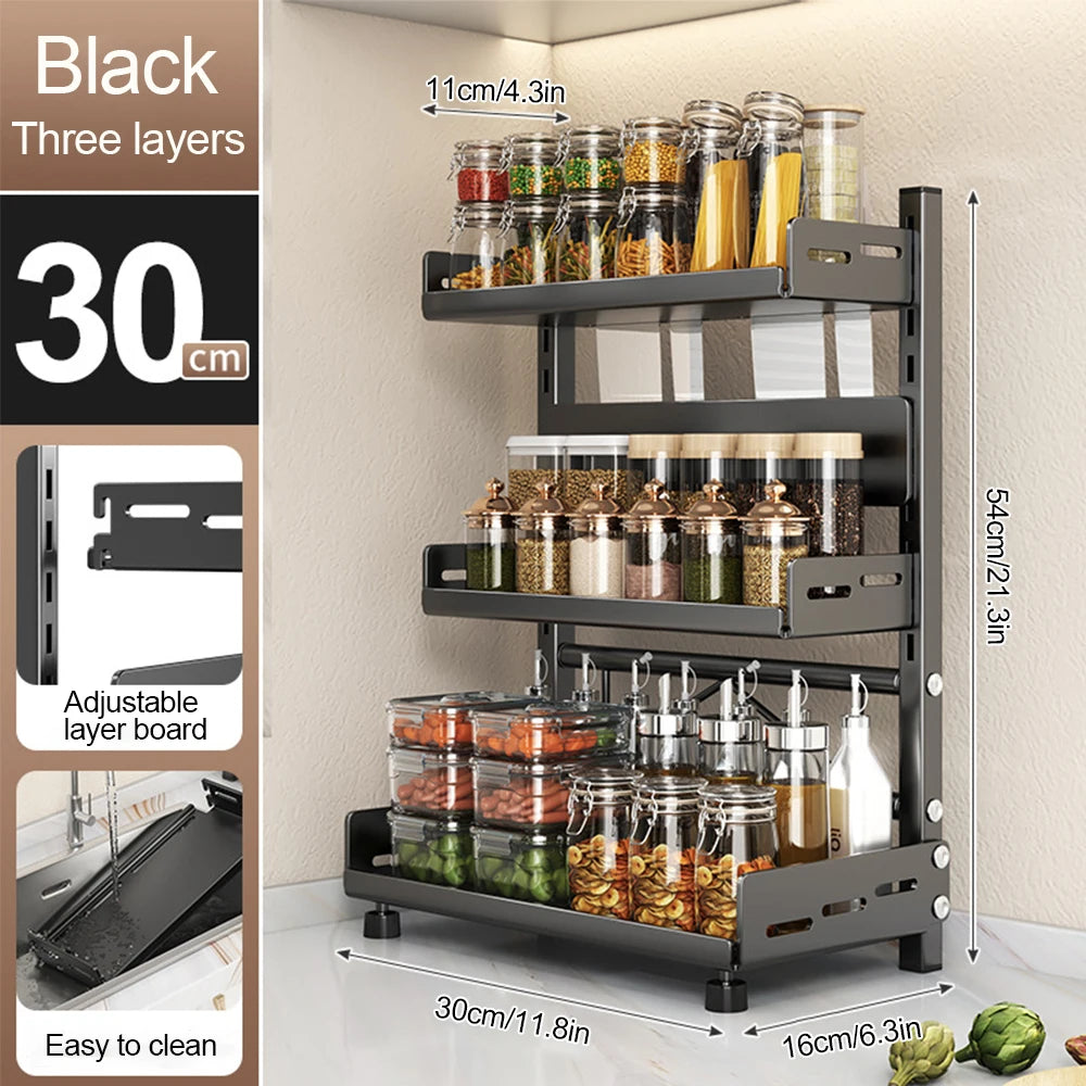 3 Tier Adjustable Spice Storage Rack for Countertop Kitchen Organization - Metal Shelf Black