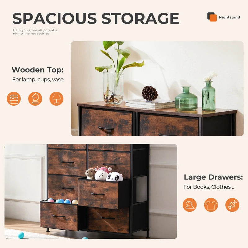 Fabric Drawer Cabinet with Wooden Top and Metal Frame, Multi-Use Storage Chest for Living Room or Bedroom