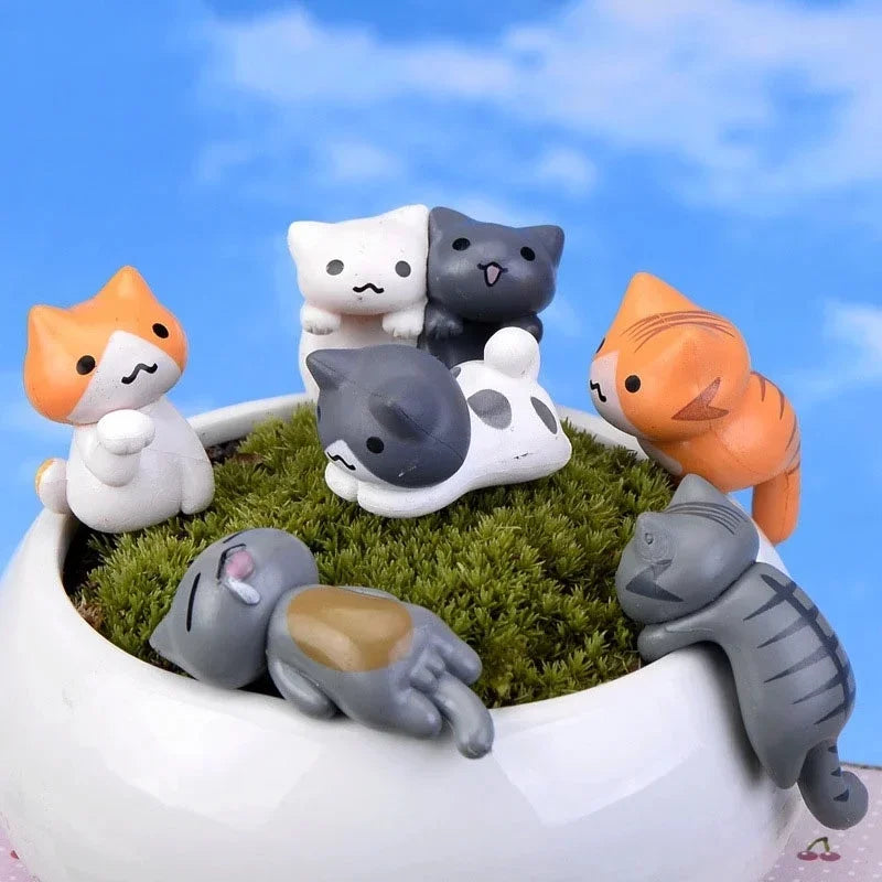 Miniature Lucky Cat Garden Decor Set - Resin Bonsai Landscape Ornaments - 6 Pcs