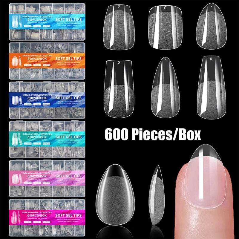 600PCS Full Cover Soft Gel Nail Tips Set - Extra Short Almond & Square Styles