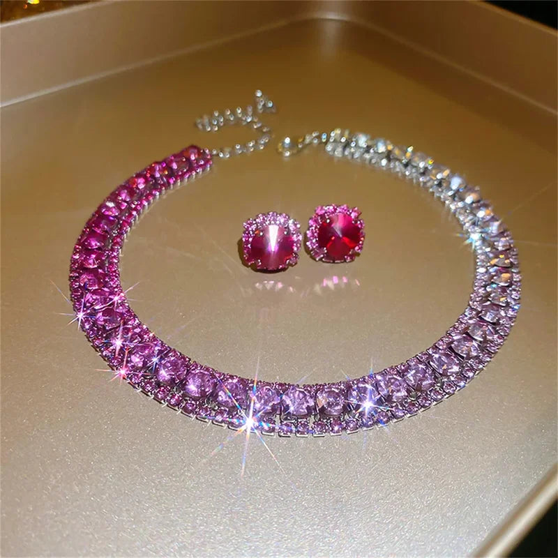 Colorful Crystal Necklace and Earrings Jewelry Set for Women Weddings Party